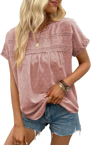 Poetsky Womens Summer Short Sleeve Lace Crochet Blouses Flowy Babydoll Dressy Casual Work Tops