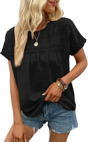 Poetsky Womens Summer Short Sleeve Lace Crochet Blouses Flowy Babydoll Dressy Casual Work Tops