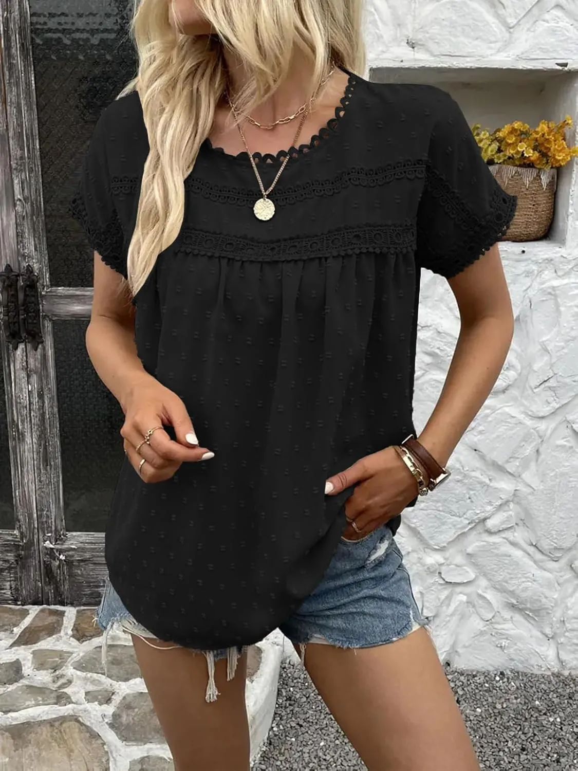 Poetsky Womens Summer Short Sleeve Lace Crochet Blouses Flowy Babydoll Dressy Casual Work Tops