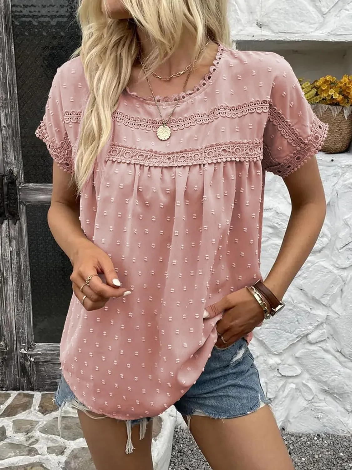 Poetsky Womens Summer Short Sleeve Lace Crochet Blouses Flowy Babydoll Dressy Casual Work Tops