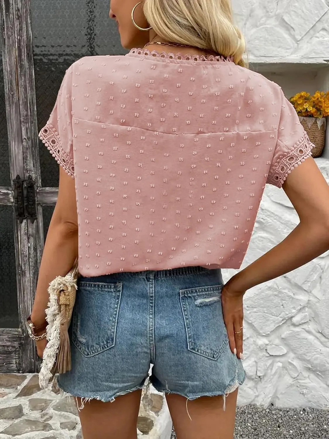 Poetsky Womens Summer Short Sleeve Lace Crochet Blouses Flowy Babydoll Dressy Casual Work Tops