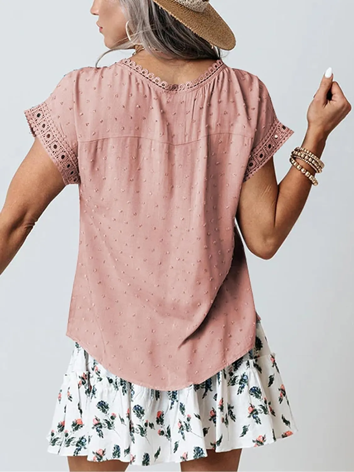 Poetsky Womens Summer Short Sleeve Lace Crochet Blouses Flowy Babydoll Dressy Casual Work Tops