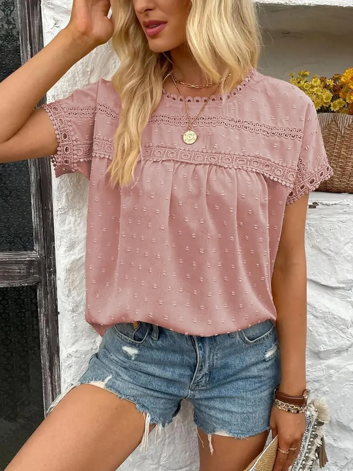 Poetsky Womens Summer Short Sleeve Lace Crochet Blouses Flowy Babydoll Dressy Casual Work Tops