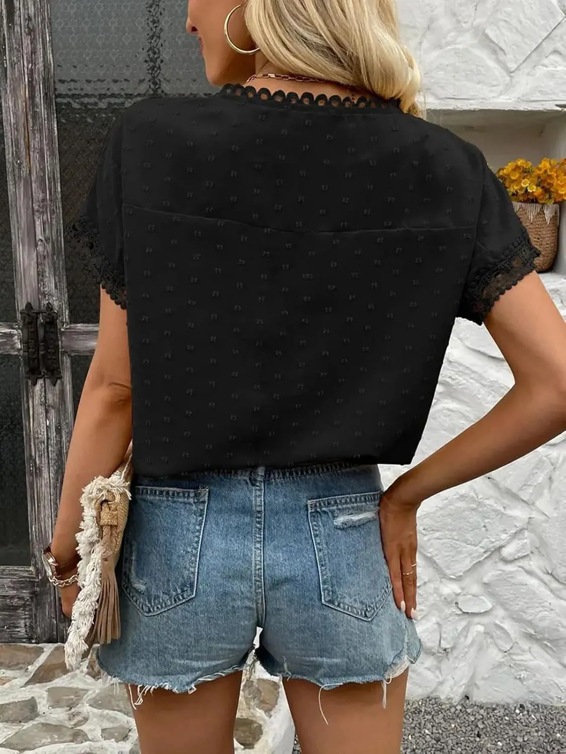 Poetsky Womens Summer Short Sleeve Lace Crochet Blouses Flowy Babydoll Dressy Casual Work Tops
