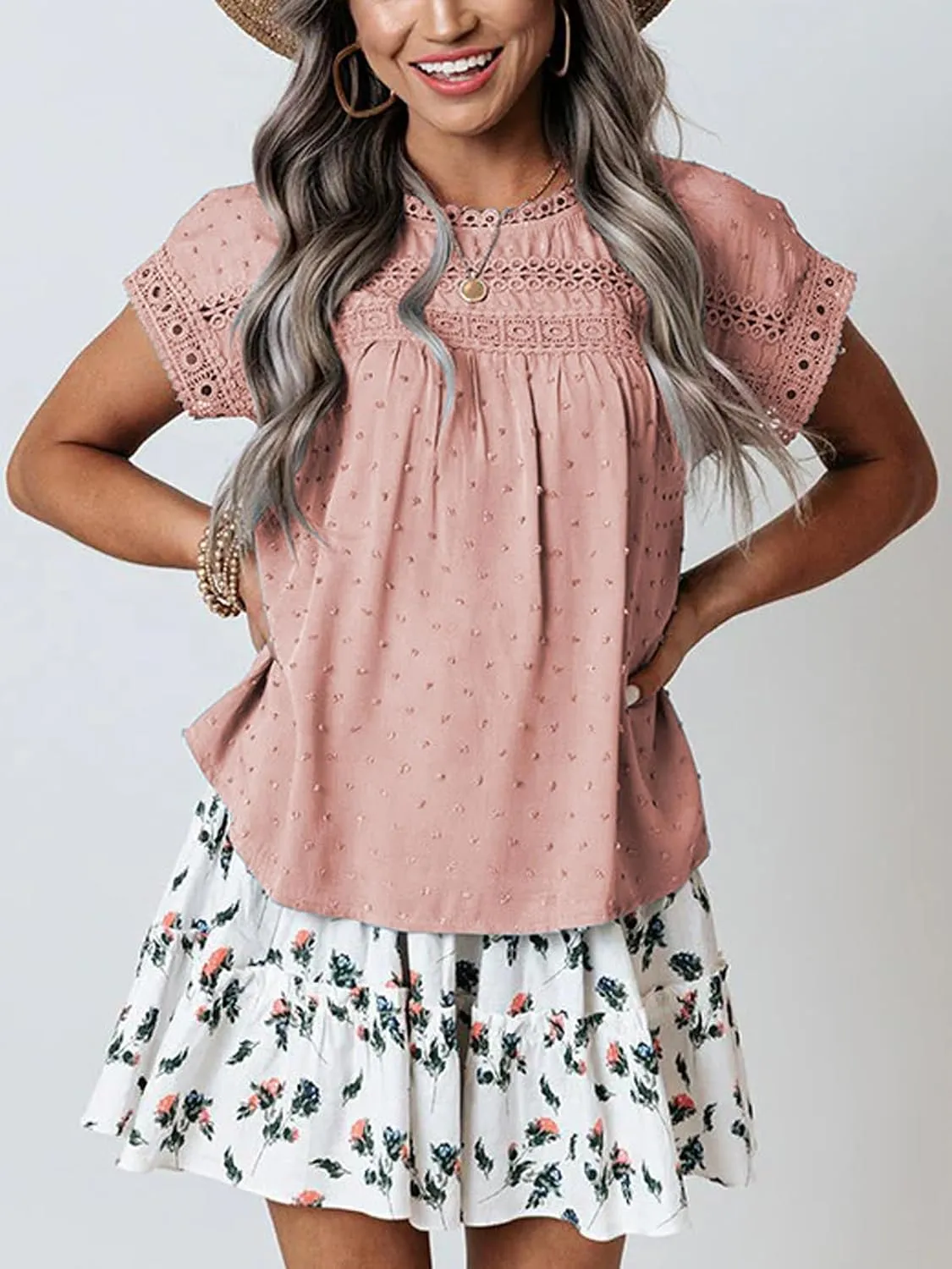 Poetsky Womens Summer Short Sleeve Lace Crochet Blouses Flowy Babydoll Dressy Casual Work Tops