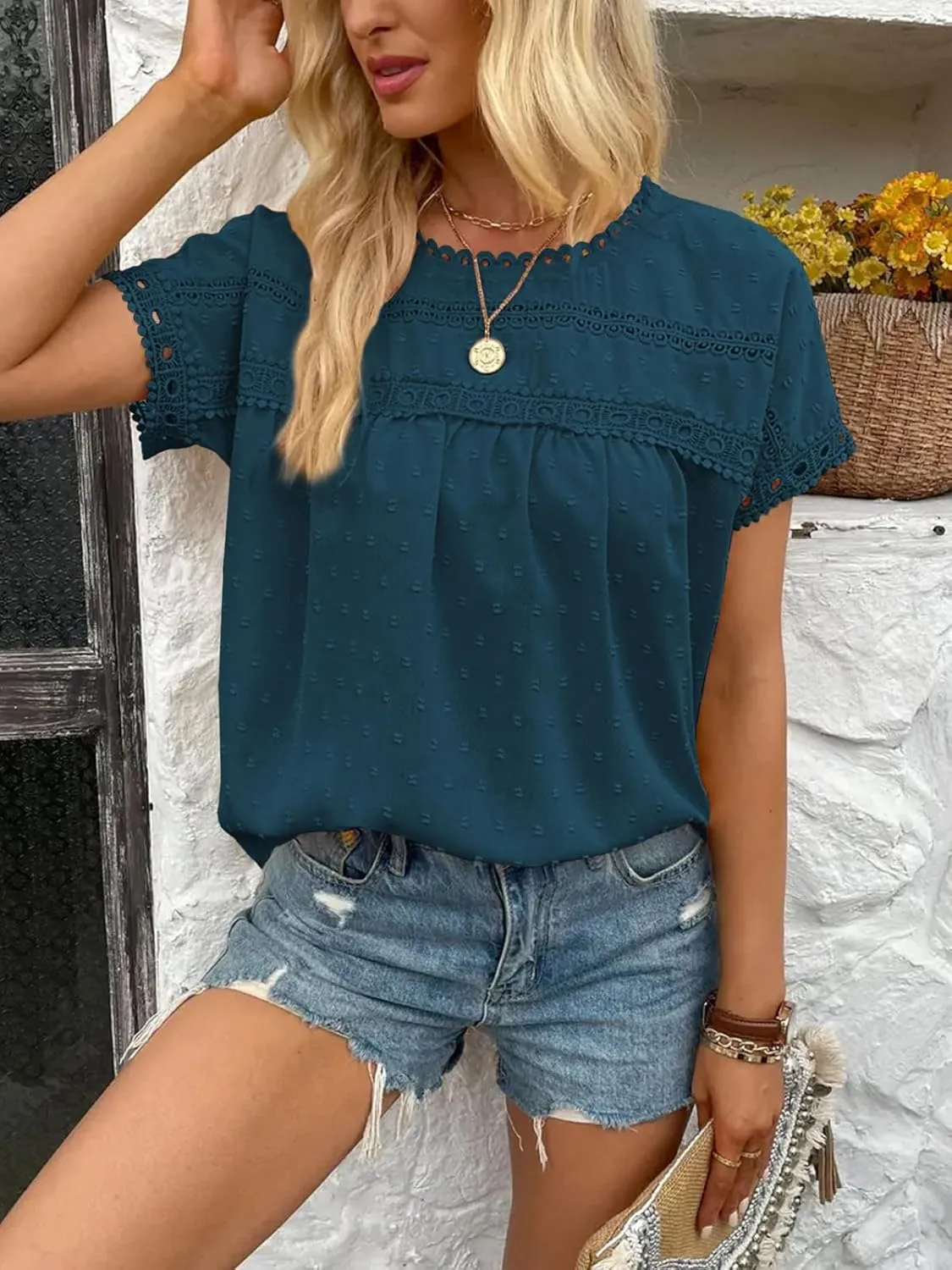 Poetsky Womens Summer Short Sleeve Lace Crochet Blouses Flowy Babydoll Dressy Casual Work Tops