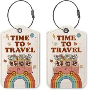 Preppy Luggage Tags for Suitcases,Groovy Girly 2 Pack Travel Suitcase Tags,Trendy Traveling Accessories,Baggage Tag Label with Steel Loop,Teen Girl Gifts,Time to Travel