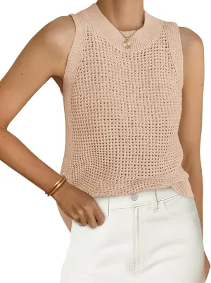 PRETTYGARDEN Summer Crochet Tank Tops for Women 2025 Casual Crewneck Hollow Out Loose Knit Sleeveless Sweater Vest Top Trendy