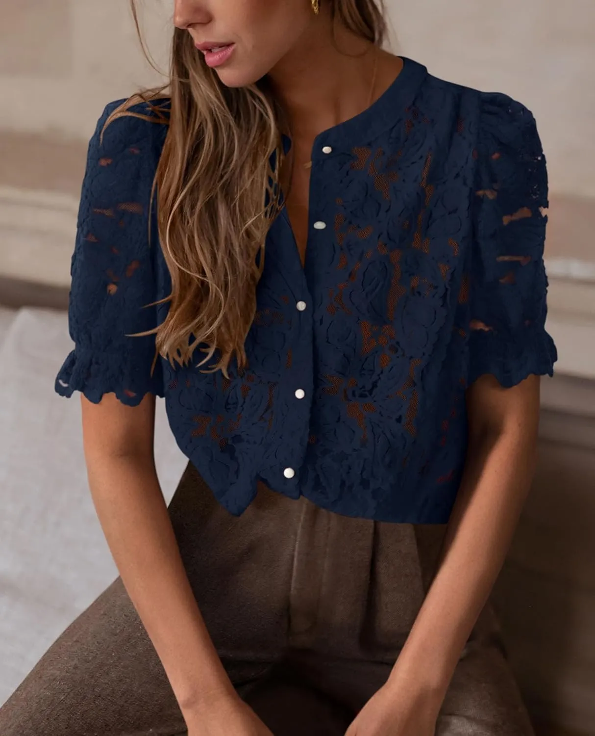 PRETTYGARDEN Womens 2025 Spring Lace Tops Short Puff Sleeve Casual Dressy Blouses Eyelet Crew Neck Button Down Shirts