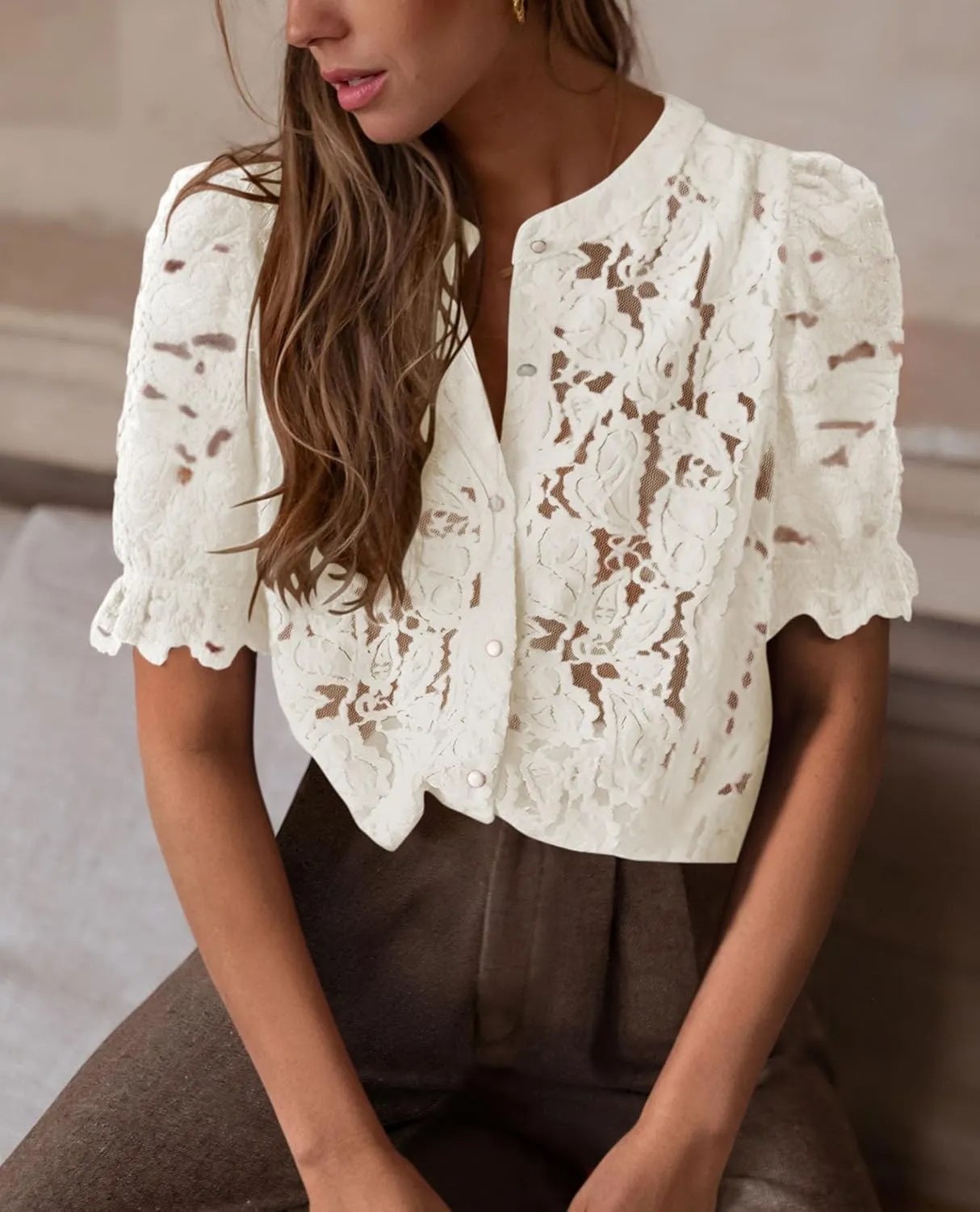 PRETTYGARDEN Womens 2025 Spring Lace Tops Short Puff Sleeve Casual Dressy Blouses Eyelet Crew Neck Button Down Shirts