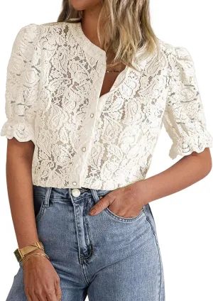PRETTYGARDEN Womens 2025 Spring Lace Tops Short Puff Sleeve Casual Dressy Blouses Eyelet Crew Neck Button Down Shirts