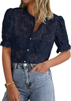 PRETTYGARDEN Womens 2025 Spring Lace Tops Short Puff Sleeve Casual Dressy Blouses Eyelet Crew Neck Button Down Shirts