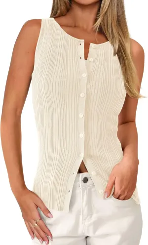 PRETTYGARDEN Women's Ribbed Tank Tops Summer 2025 Open Front Button Down Sleeveless Shirts Going Out Spring Fashion Vest Tops
