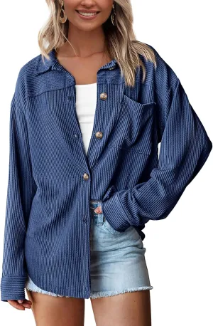 PRETTYGARDEN Women's Tops Casual Button Down Shirts Spring Fashion Long Sleeve Shacket Jacket Loose Texture Knit Blouses