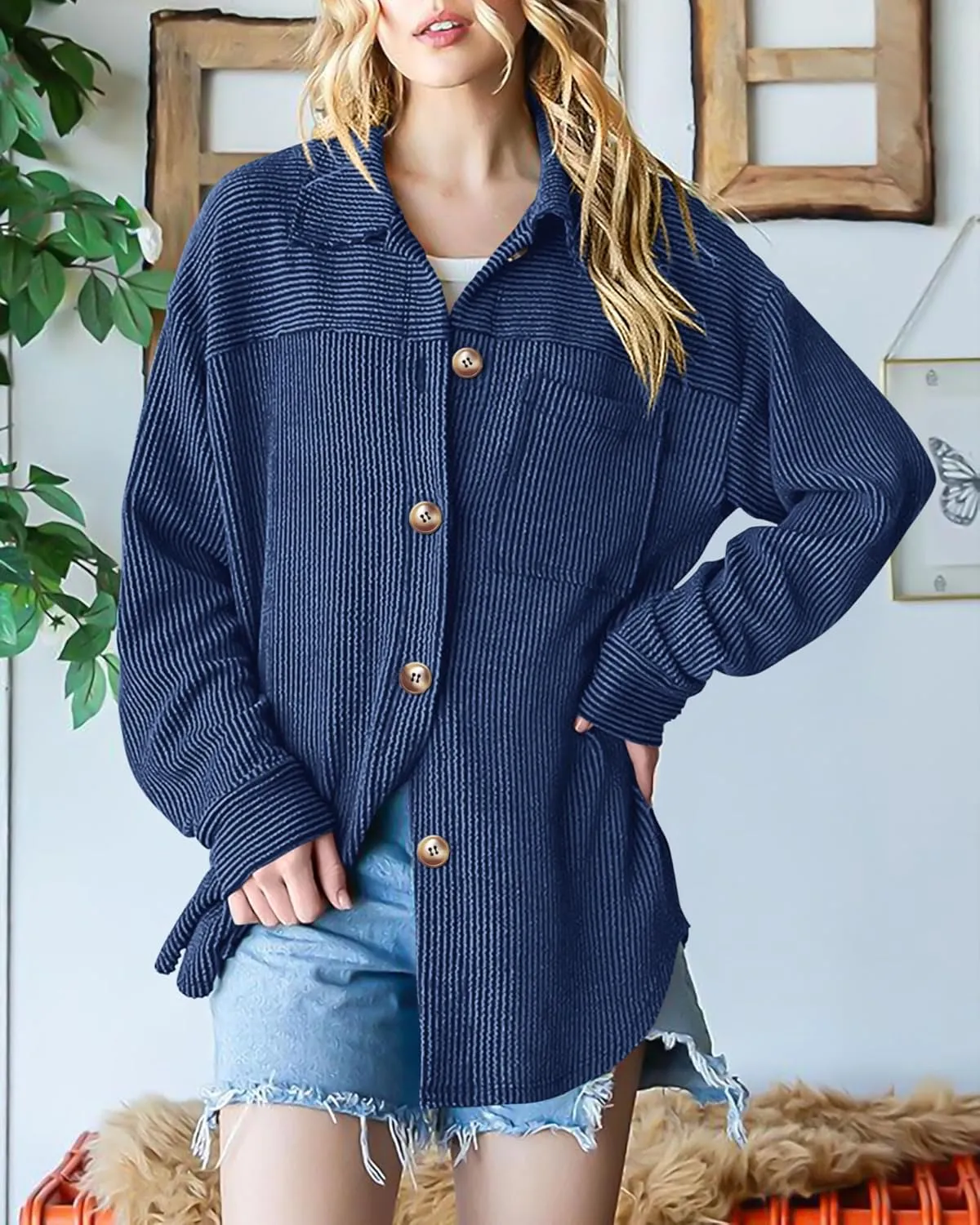 PRETTYGARDEN Women's Tops Casual Button Down Shirts Spring Fashion Long Sleeve Shacket Jacket Loose Texture Knit Blouses