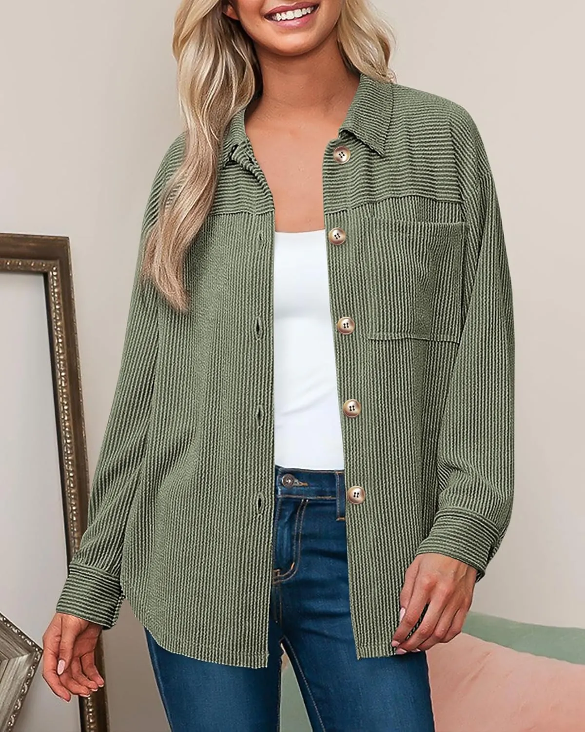 PRETTYGARDEN Women's Tops Casual Button Down Shirts Spring Fashion Long Sleeve Shacket Jacket Loose Texture Knit Blouses