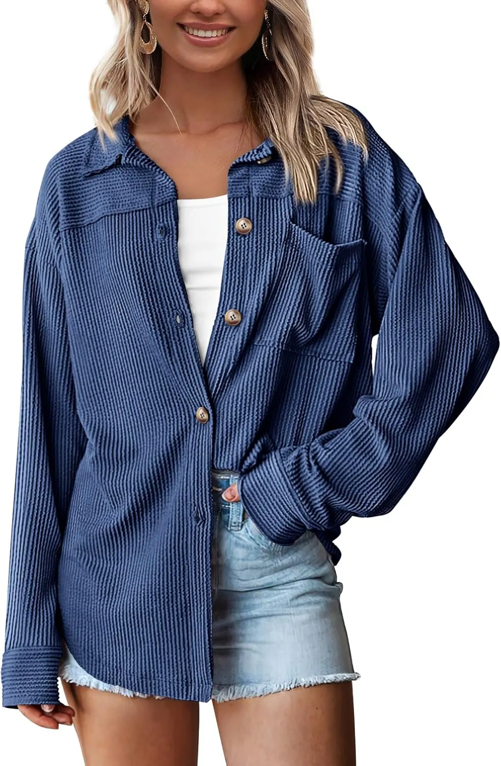 PRETTYGARDEN Women's Tops Casual Button Down Shirts Spring Fashion Long Sleeve Shacket Jacket Loose Texture Knit Blouses