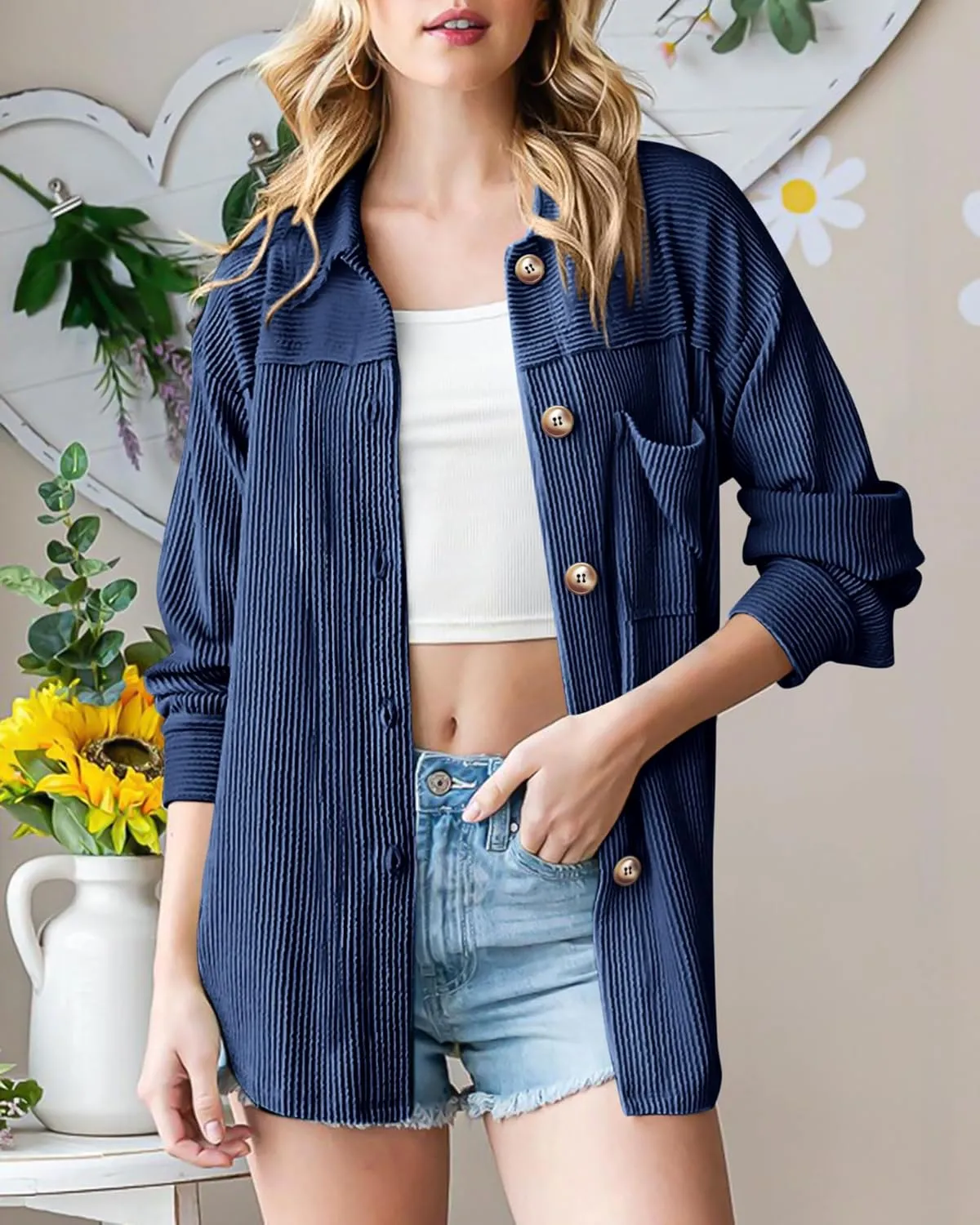 PRETTYGARDEN Women's Tops Casual Button Down Shirts Spring Fashion Long Sleeve Shacket Jacket Loose Texture Knit Blouses