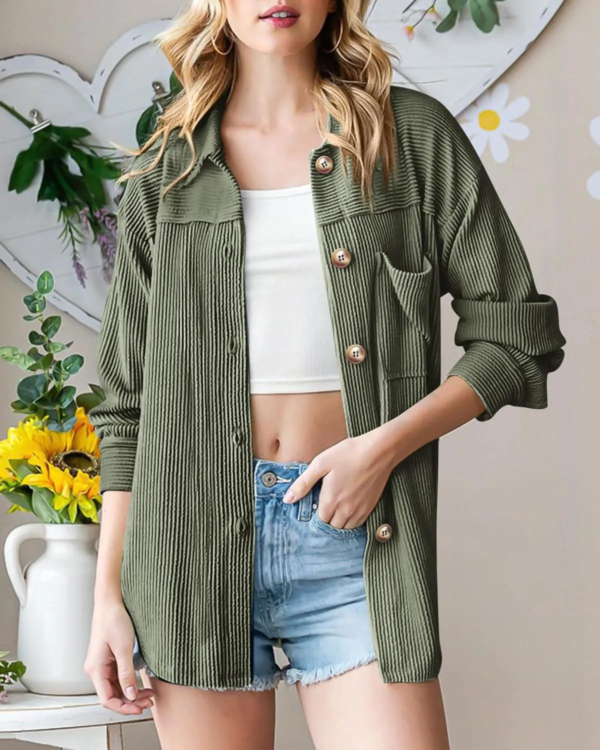 PRETTYGARDEN Women's Tops Casual Button Down Shirts Spring Fashion Long Sleeve Shacket Jacket Loose Texture Knit Blouses