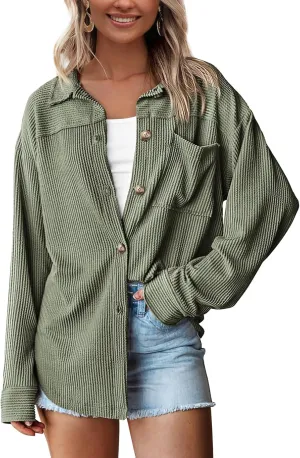 PRETTYGARDEN Women's Tops Casual Button Down Shirts Spring Fashion Long Sleeve Shacket Jacket Loose Texture Knit Blouses