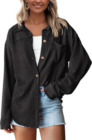 PRETTYGARDEN Women's Tops Casual Button Down Shirts Spring Fashion Long Sleeve Shacket Jacket Loose Texture Knit Blouses