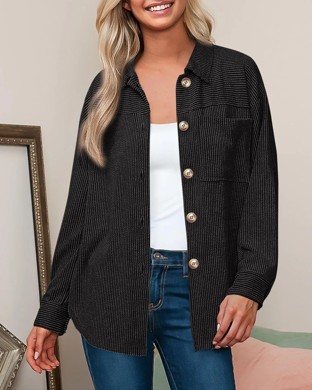 PRETTYGARDEN Women's Tops Casual Button Down Shirts Spring Fashion Long Sleeve Shacket Jacket Loose Texture Knit Blouses