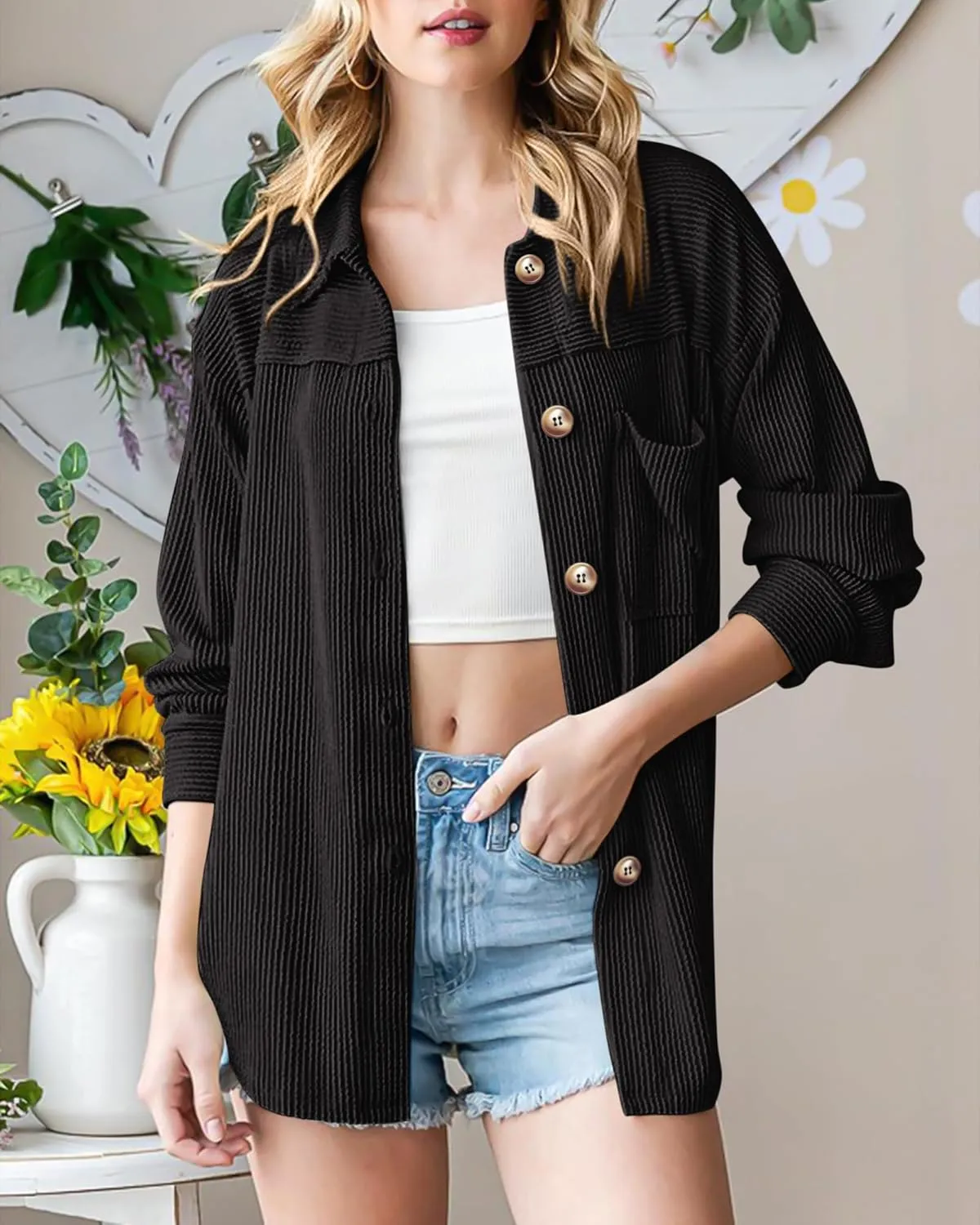 PRETTYGARDEN Women's Tops Casual Button Down Shirts Spring Fashion Long Sleeve Shacket Jacket Loose Texture Knit Blouses