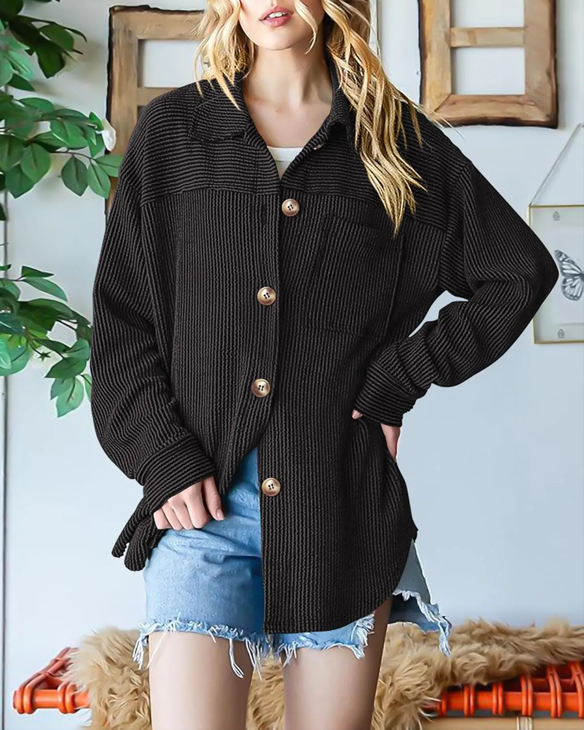 PRETTYGARDEN Women's Tops Casual Button Down Shirts Spring Fashion Long Sleeve Shacket Jacket Loose Texture Knit Blouses