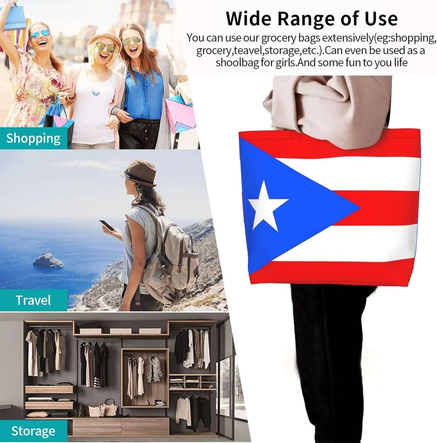 Puerto Rican American Flag Women's Tote Bag Large Capacity Single Shoulder Bags Handbag for Shopping Work