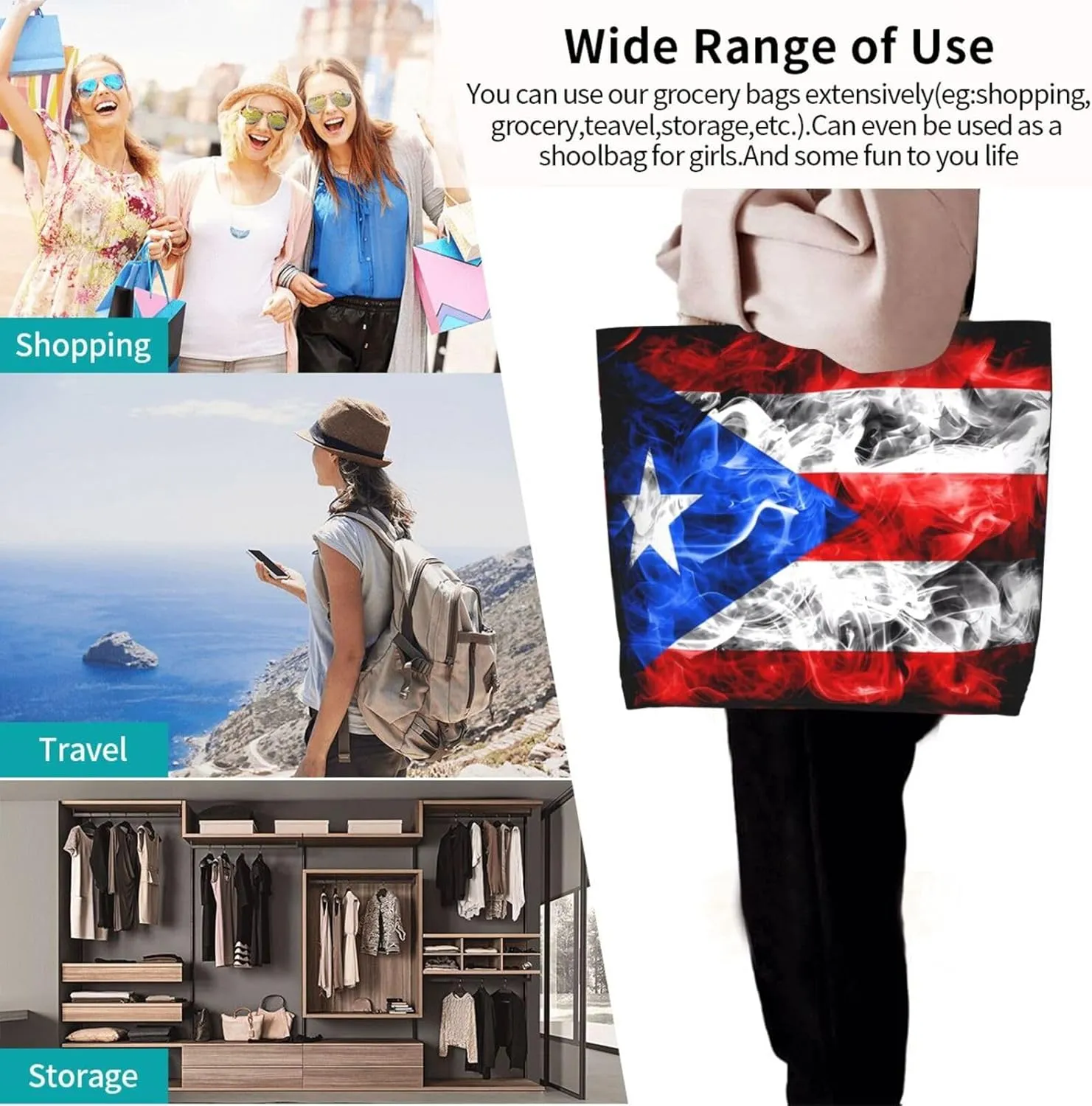 Puerto Rican American Flag Women's Tote Bag Large Capacity Single Shoulder Bags Handbag for Shopping Work