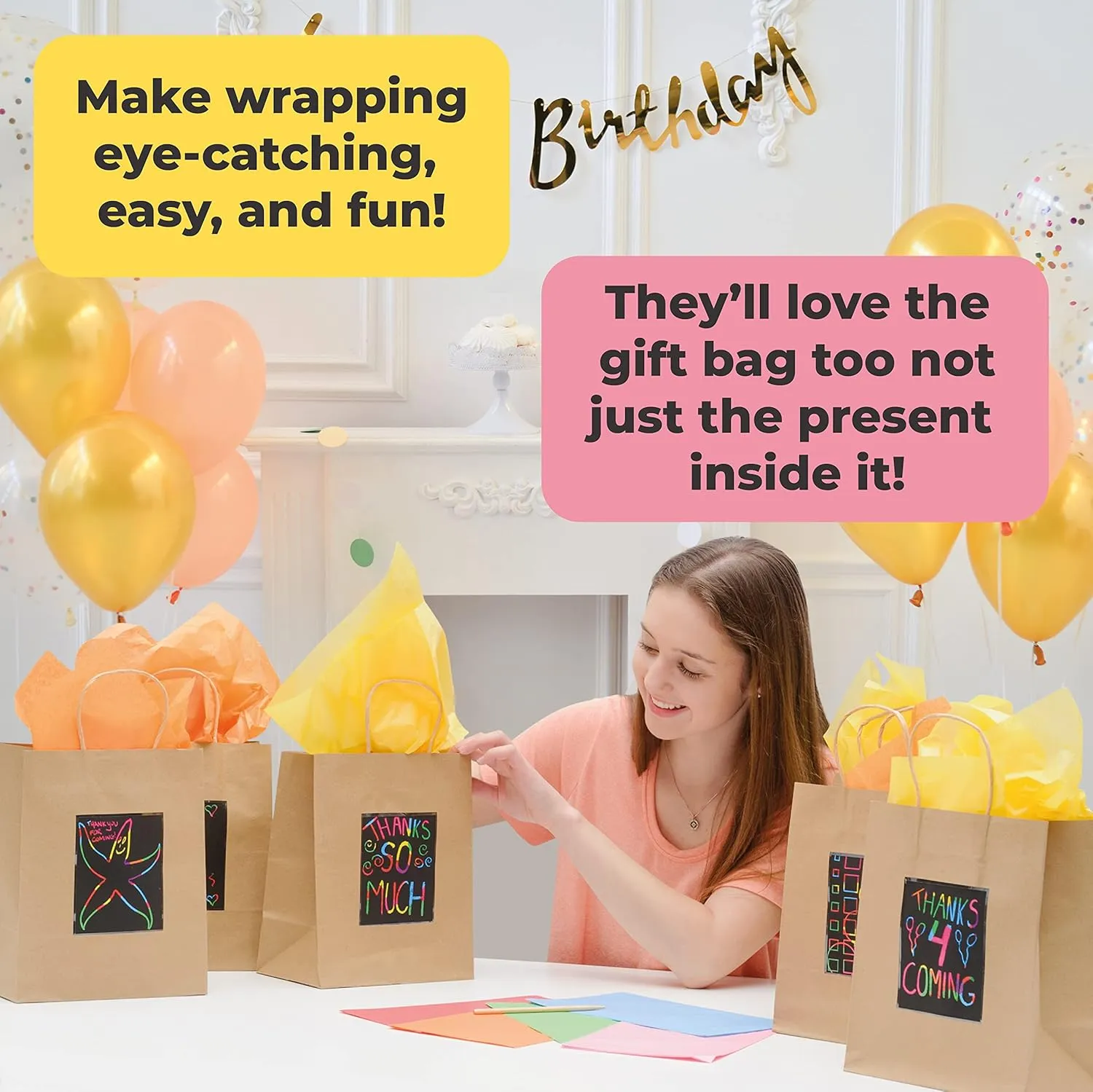 PURPLE LADYBUG 7 Brown Gift Bags Medium Size with Handles  Personalized Teacher Appreciation Gift Bags & Tissue Paper Set  Sight Smell Touch Taste Sound Thank You Gift Bag