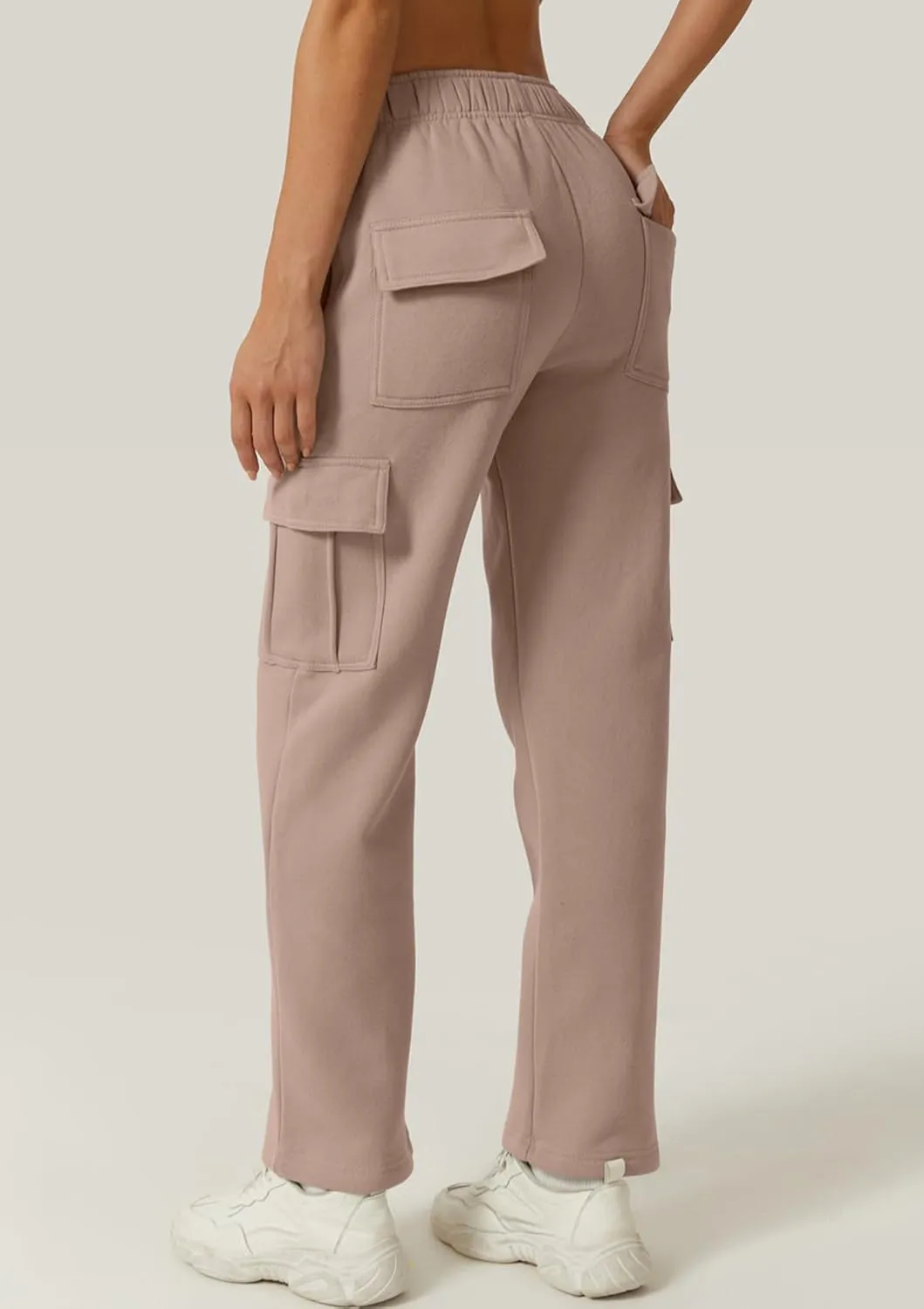 QINSEN Womens Medium Waist Baggy Elastic Waist Sweatpants Casual Fleece Long Pants with Pockets