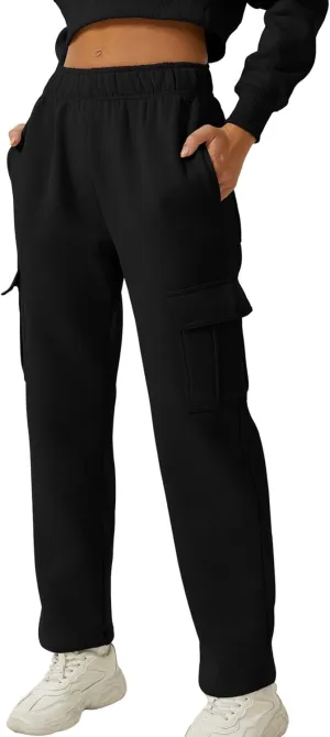 QINSEN Womens Medium Waist Baggy Elastic Waist Sweatpants Casual Fleece Long Pants with Pockets