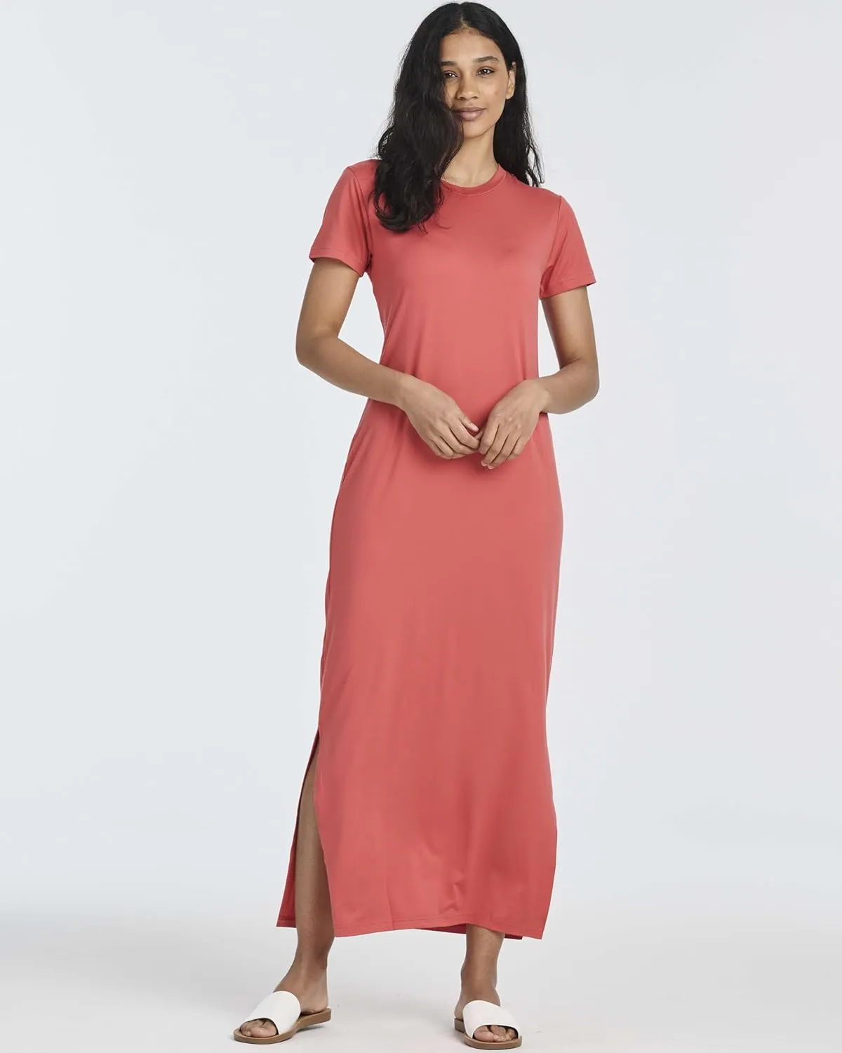 Real Essentials 3 Pack Womens Casual Short Sleeve Maxi T-Shirt Summer Dress with Slit & Pockets (Available in Plus Size)