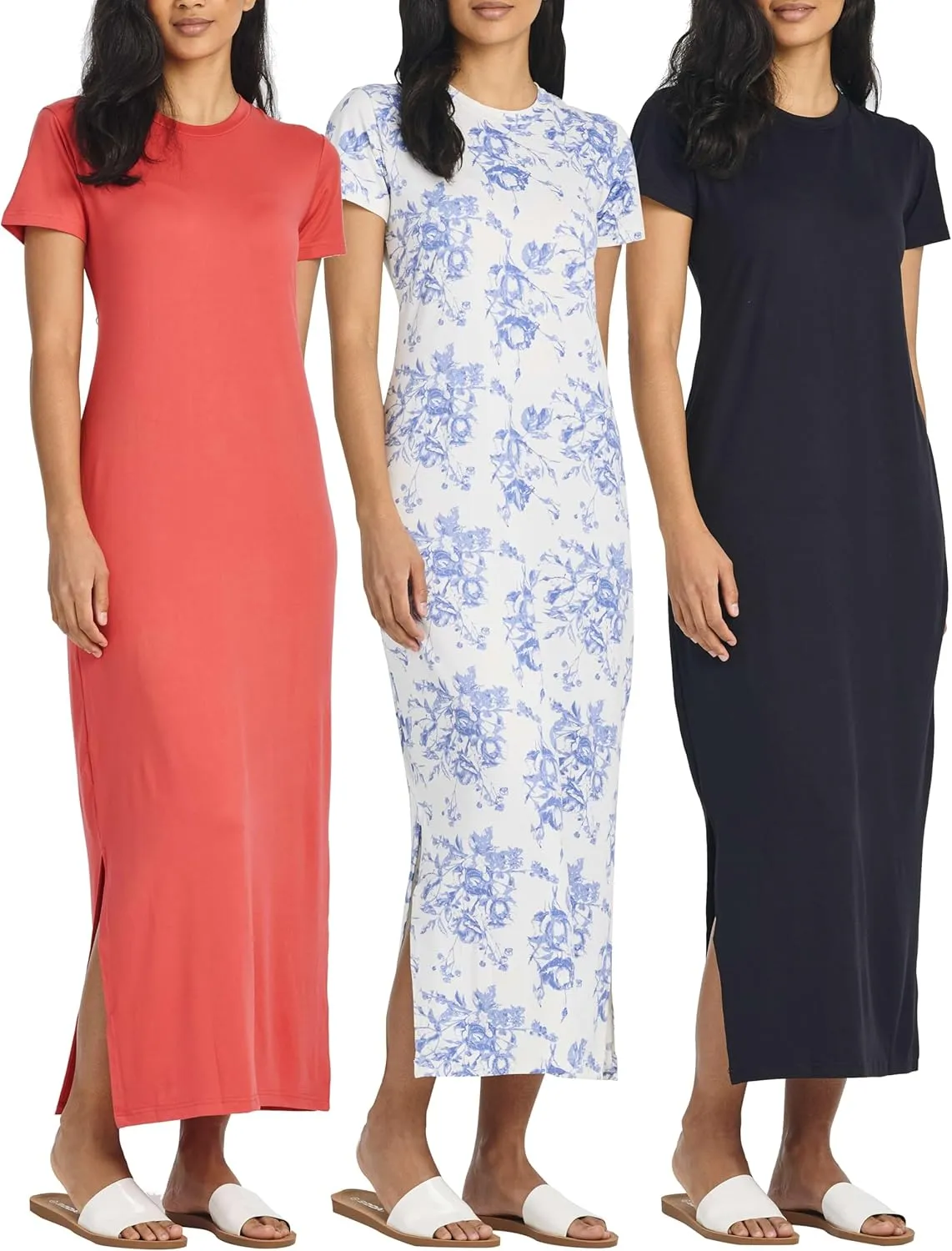 Real Essentials 3 Pack Womens Casual Short Sleeve Maxi T-Shirt Summer Dress with Slit & Pockets (Available in Plus Size)