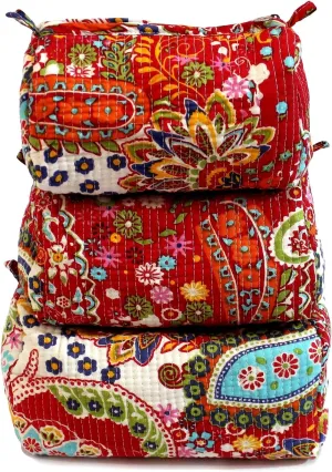 Red Multi Color Floral Pattern Cotton Toiletry Bags Quilted Travel Organizers Makeup Cosmetic Bags For Women - Set of 5