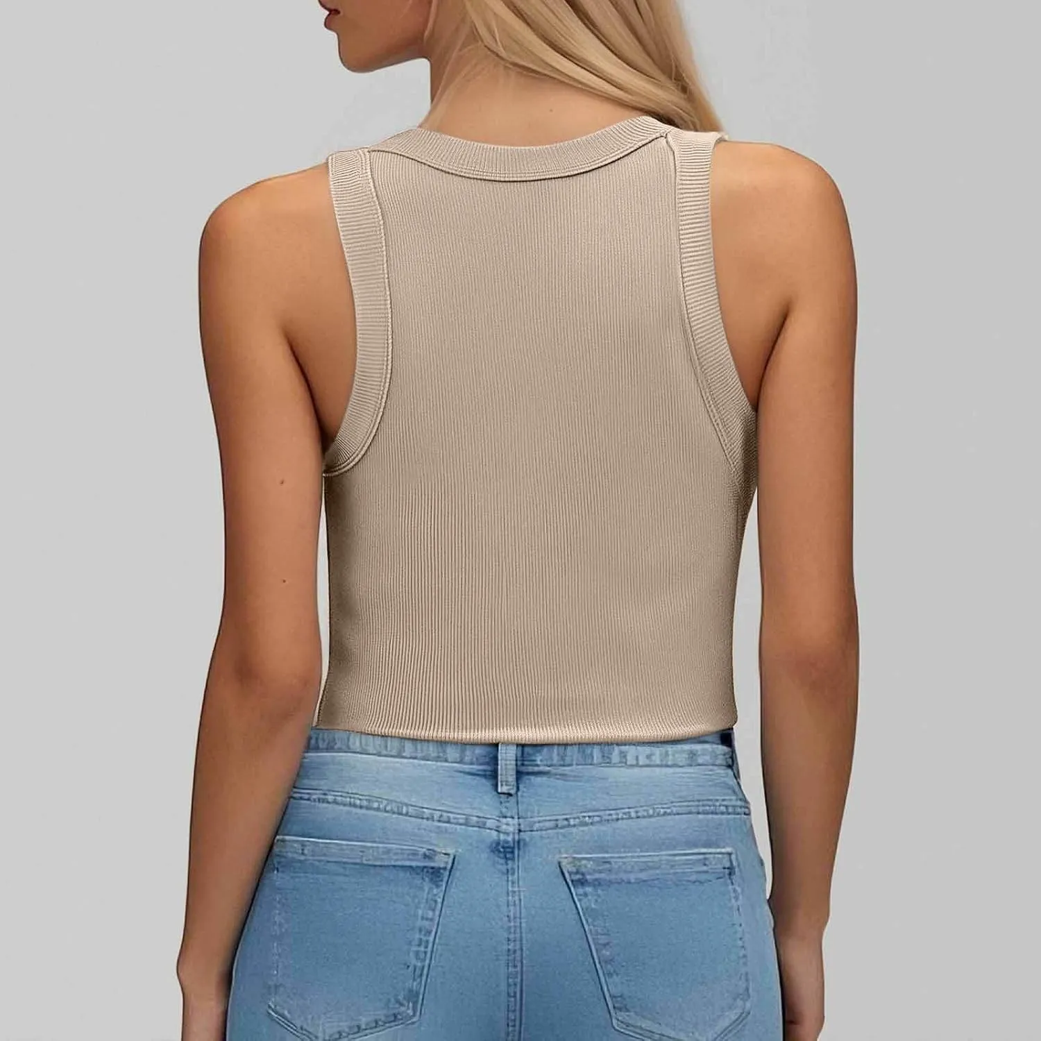 Ribbed Tank Tops for Women Built in Bra High Neck Racerback Shelf Bra Summer Cami Yoga Shirts Sleeveless Undershirt