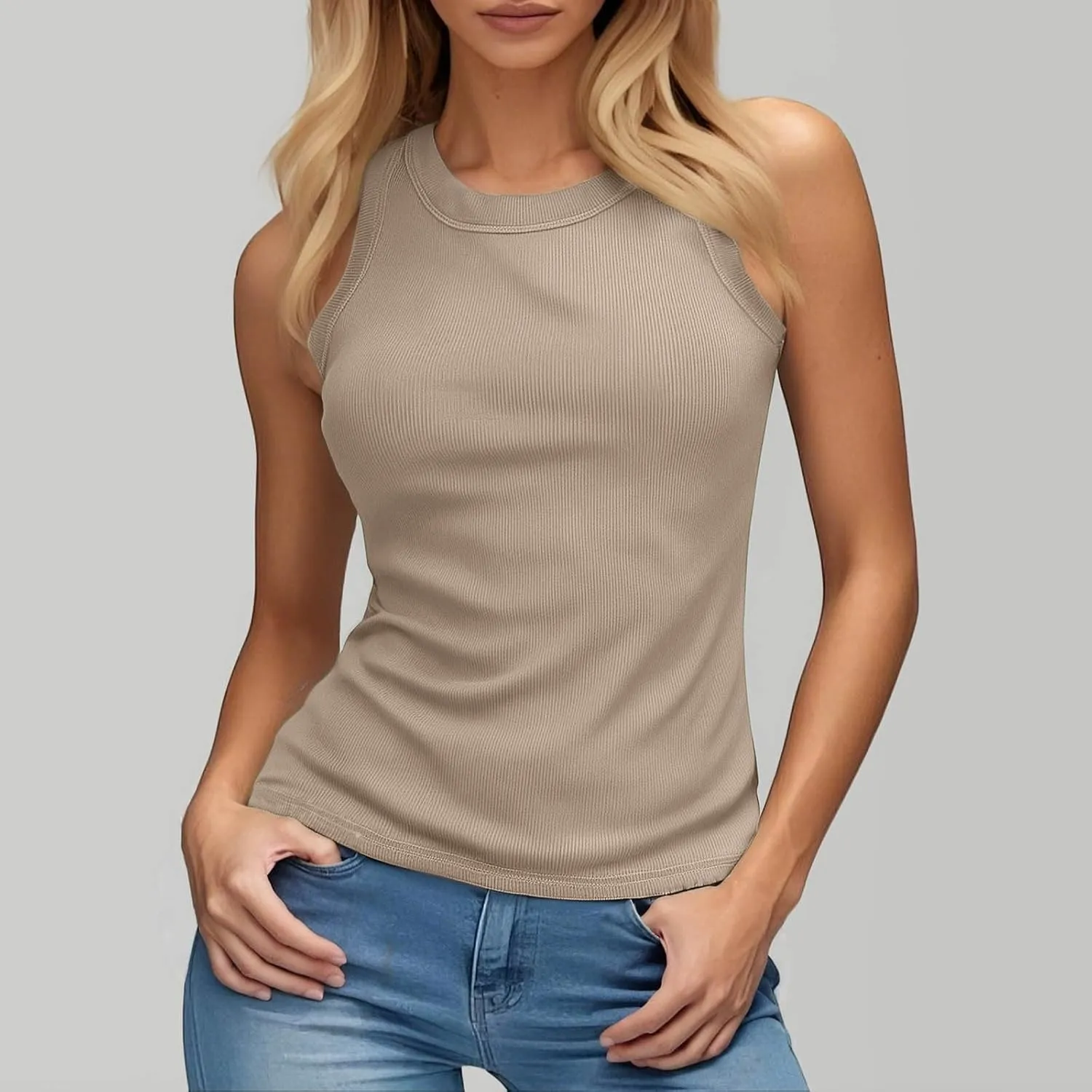 Ribbed Tank Tops for Women Built in Bra High Neck Racerback Shelf Bra Summer Cami Yoga Shirts Sleeveless Undershirt