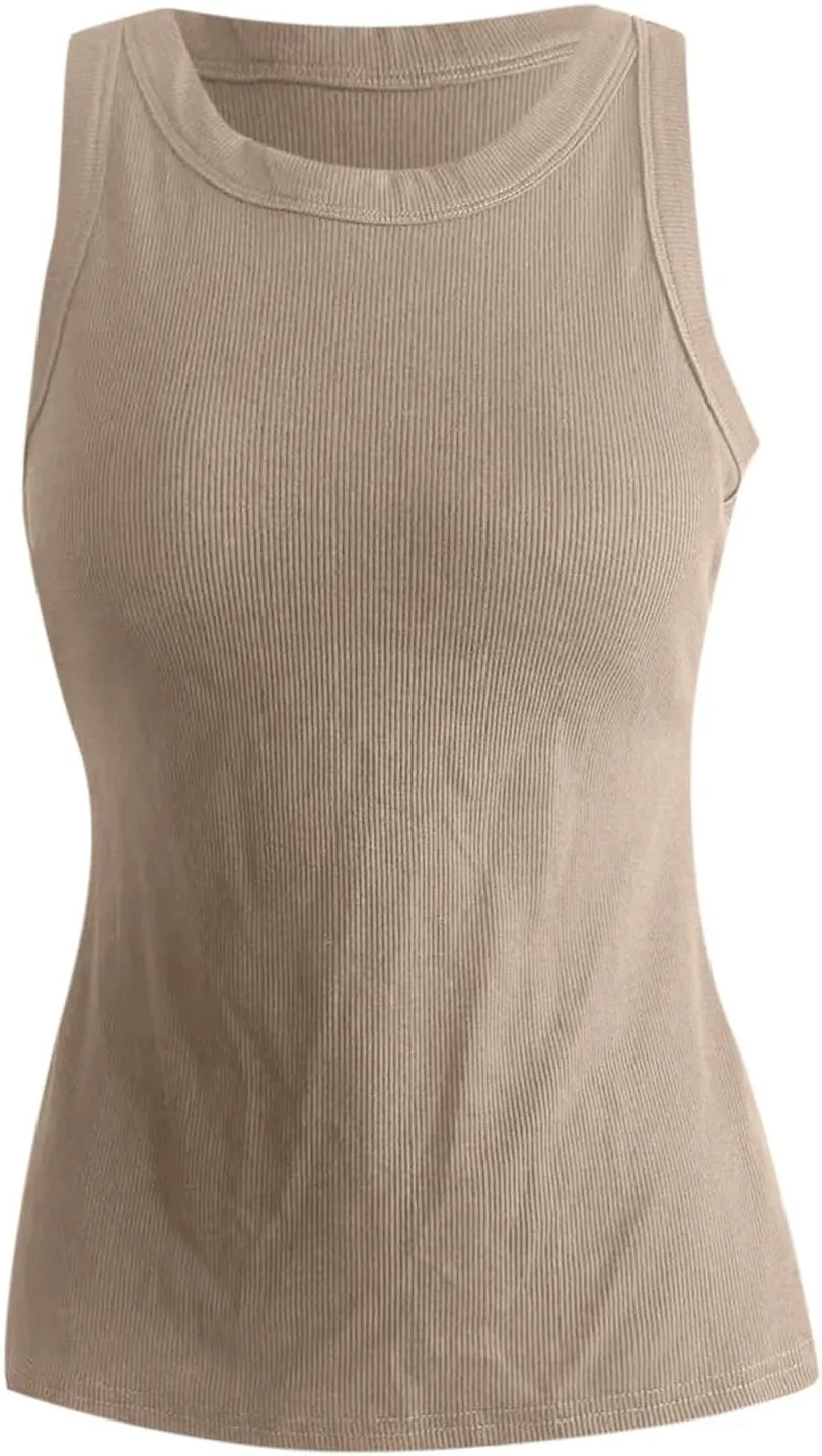 Ribbed Tank Tops for Women Built in Bra High Neck Racerback Shelf Bra Summer Cami Yoga Shirts Sleeveless Undershirt