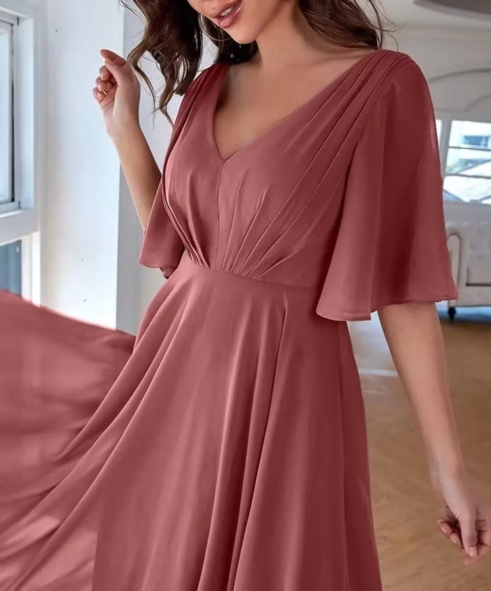 Ruffles Flutter Sleeve Chiffon Bridesmaid Dress Long V Neck Pleated Formal Dress for Women Wedding Guest