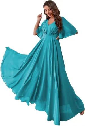 Ruffles Flutter Sleeve Chiffon Bridesmaid Dress Long V Neck Pleated Formal Dress for Women Wedding Guest