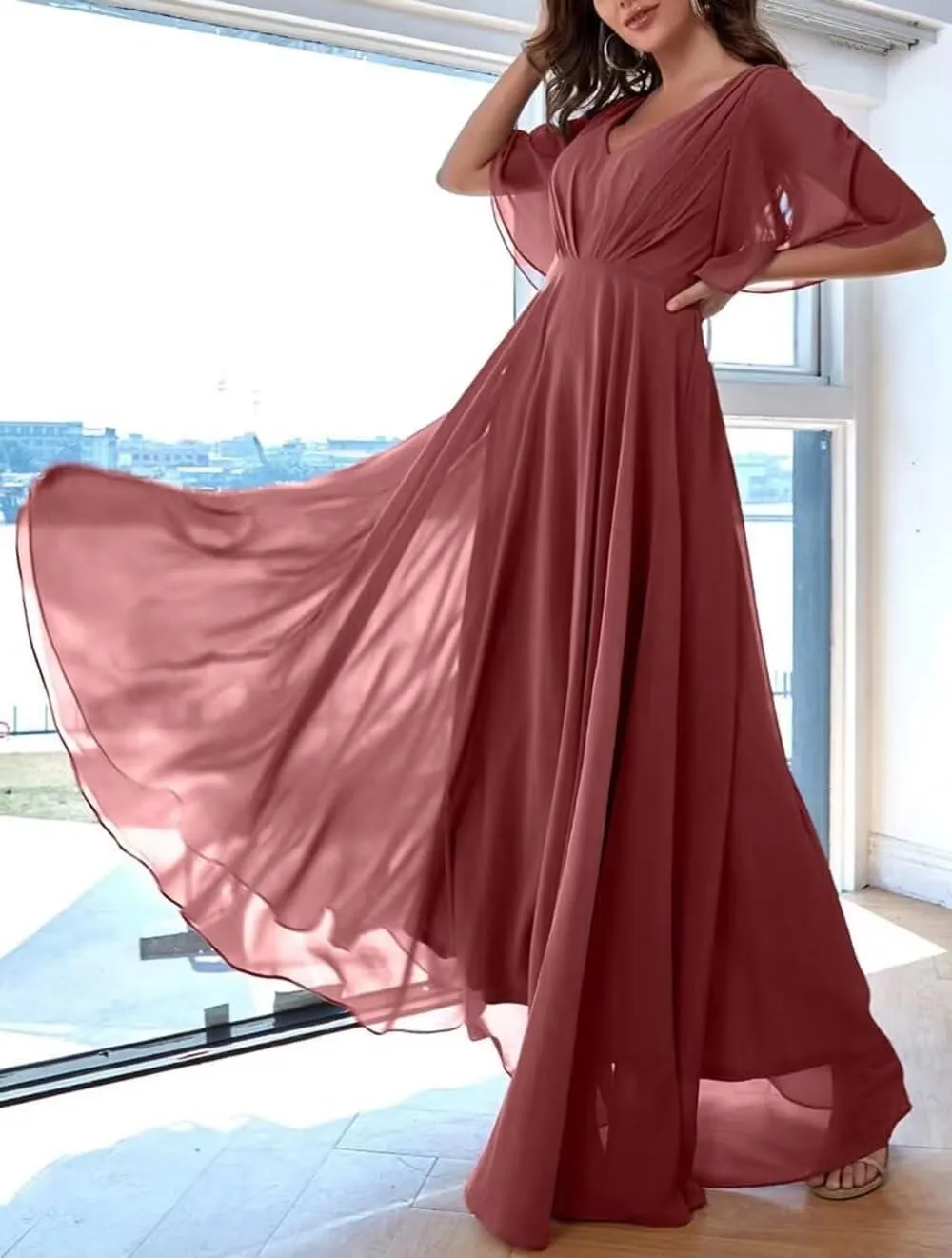 Ruffles Flutter Sleeve Chiffon Bridesmaid Dress Long V Neck Pleated Formal Dress for Women Wedding Guest