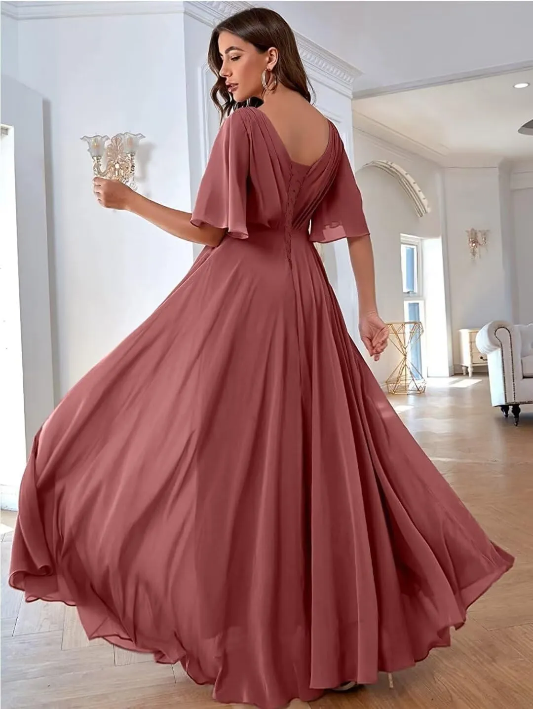 Ruffles Flutter Sleeve Chiffon Bridesmaid Dress Long V Neck Pleated Formal Dress for Women Wedding Guest