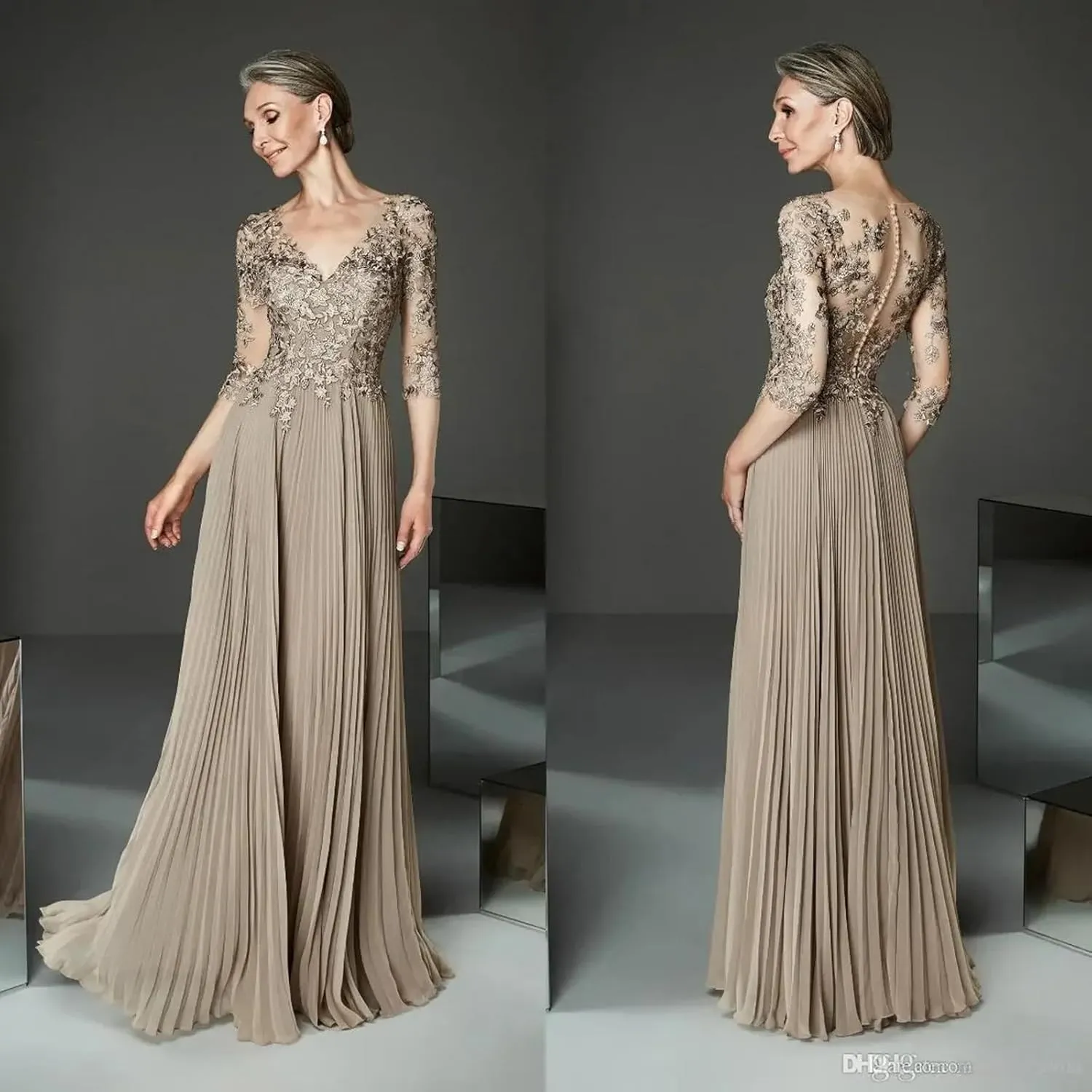 SanLIJIAN V Neck Mother of The Bride Dress 3/4 Sleeve Lace Applique Long Chiffon Formal Evening Prom Gown for Women