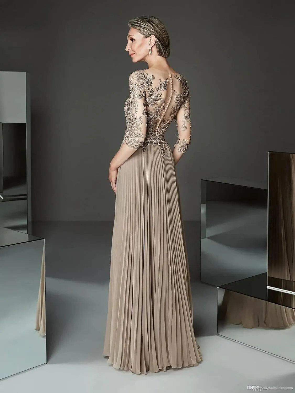 SanLIJIAN V Neck Mother of The Bride Dress 3/4 Sleeve Lace Applique Long Chiffon Formal Evening Prom Gown for Women