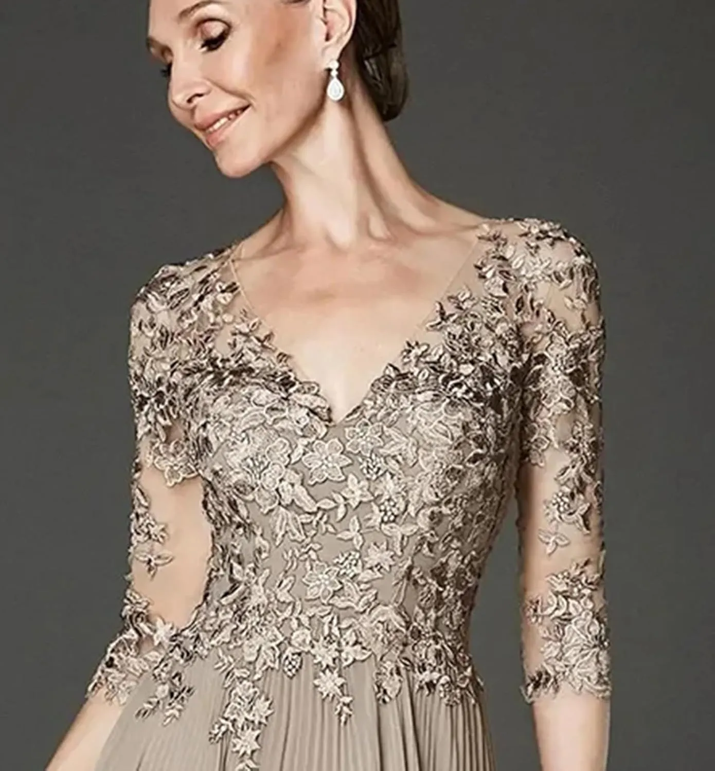 SanLIJIAN V Neck Mother of The Bride Dress 3/4 Sleeve Lace Applique Long Chiffon Formal Evening Prom Gown for Women