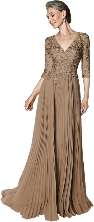 SanLIJIAN V Neck Mother of The Bride Dress 3/4 Sleeve Lace Applique Long Chiffon Formal Evening Prom Gown for Women