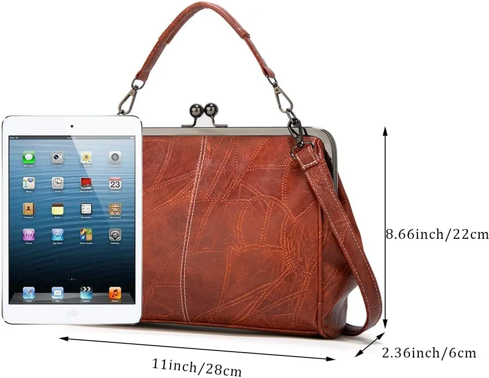 Segater Women Retro Hollow Oil Wax PU Leather Handbag Kiss Lock Crossbody Purse Vintage Messenger Bag Tote