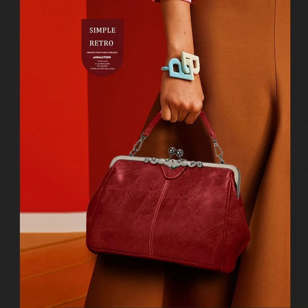Segater Women Retro Hollow Oil Wax PU Leather Handbag Kiss Lock Crossbody Purse Vintage Messenger Bag Tote