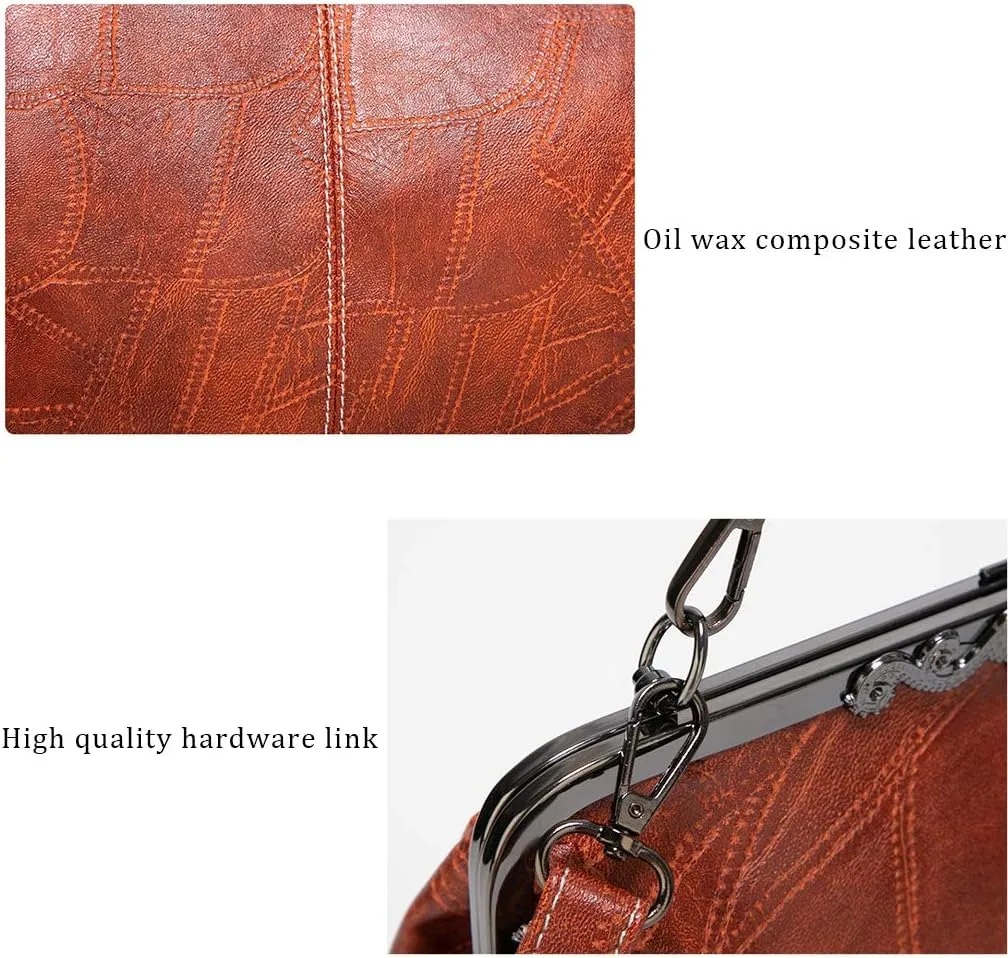 Segater Women Retro Hollow Oil Wax PU Leather Handbag Kiss Lock Crossbody Purse Vintage Messenger Bag Tote